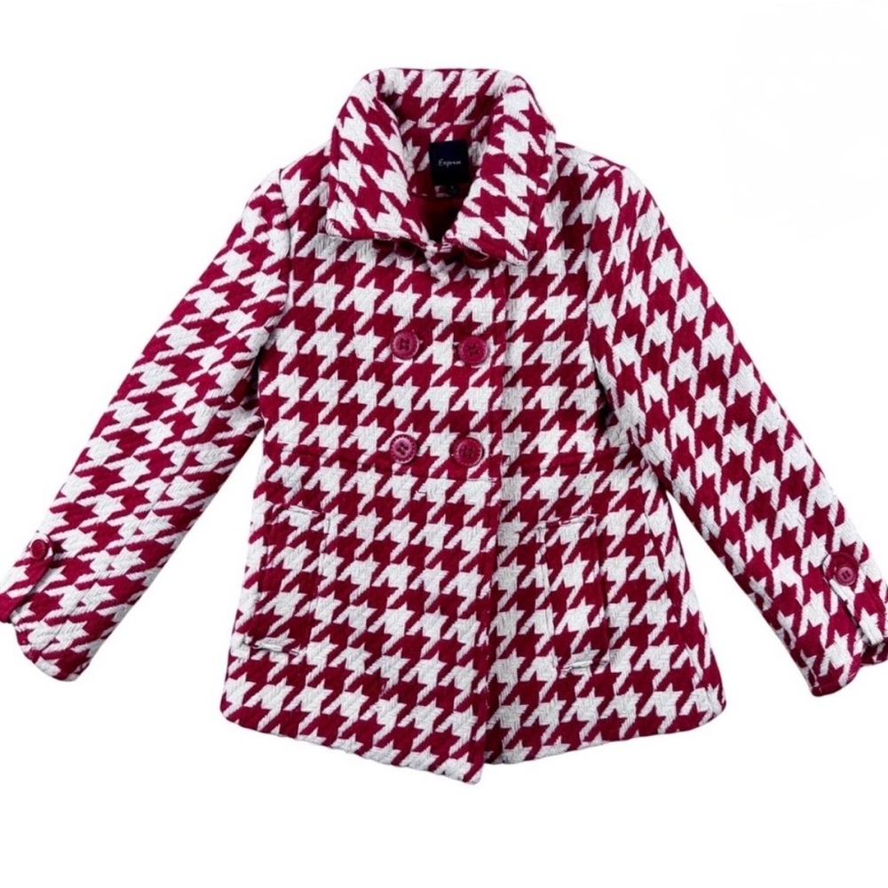 Express Women’s Houndstooth Pea Coat - red & White